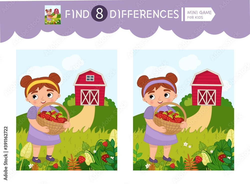 Fototapeta premium Find differences. Educational game for children. On the farm collection.