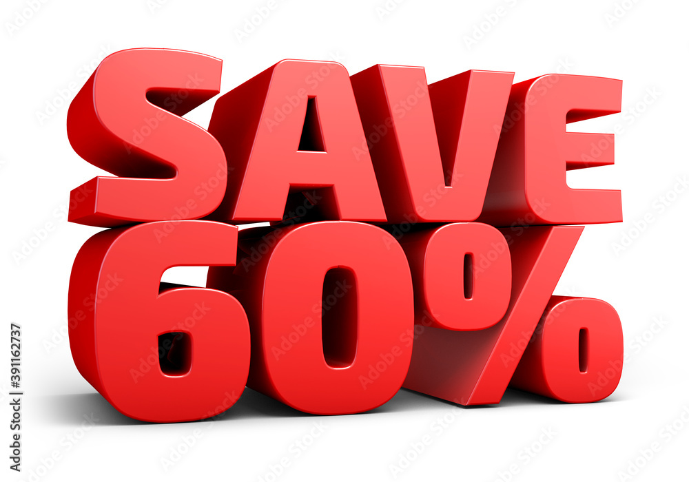 Red text, save 60% isolated on white background discount. 60 percent. Sales concept. 3d illustration.
Red text, save 60% isolated on white background discount. 60 percent. Sales concept. 3d illustration.