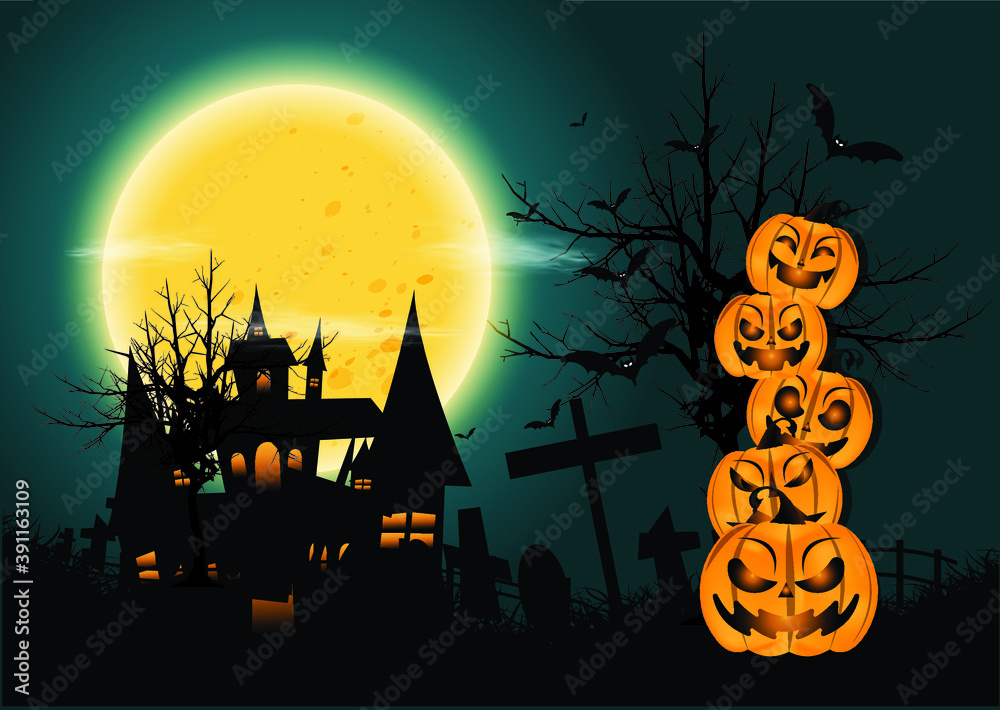 Happy Halloween Horror night - Head Pumpkins - modern design Idea and Concept Vector illustration Infographic template with Castle,tree,grass,moon,Graves.