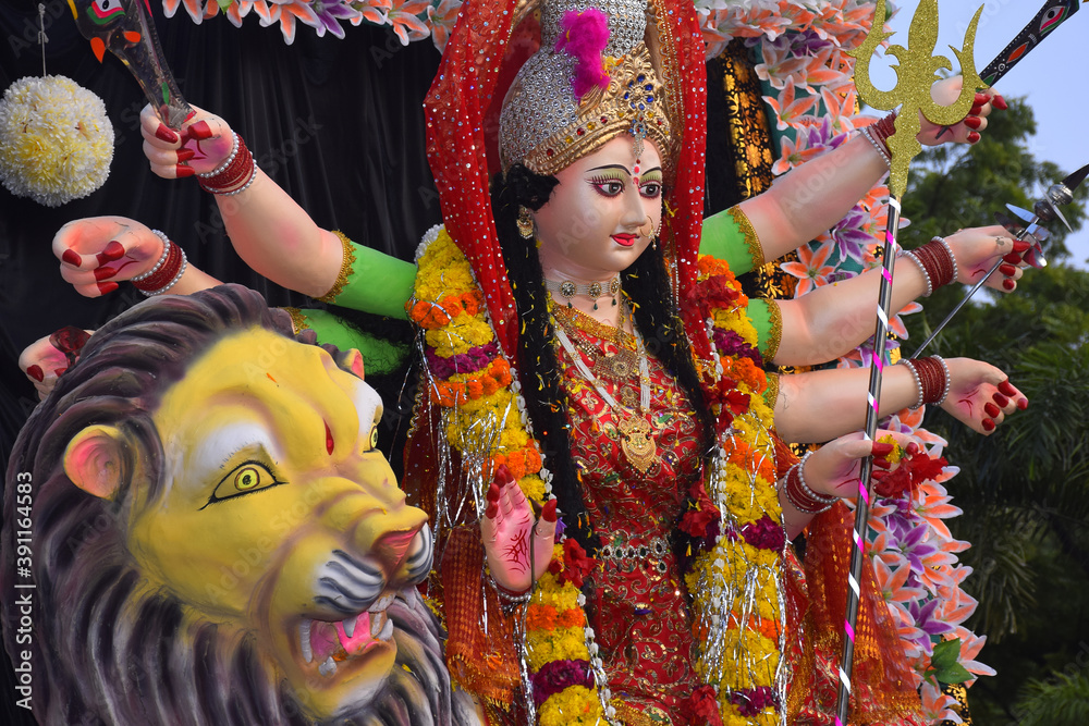 Background Durga Puja Festival and Tableau. Sculpture of Hindu Goddess Durga Background Durga Puja Festival and Tableau. Sculpture of Hindu Goddess Durga