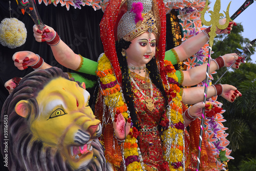 Background Durga Puja Festival and Tableau. Sculpture of Hindu Goddess Durga