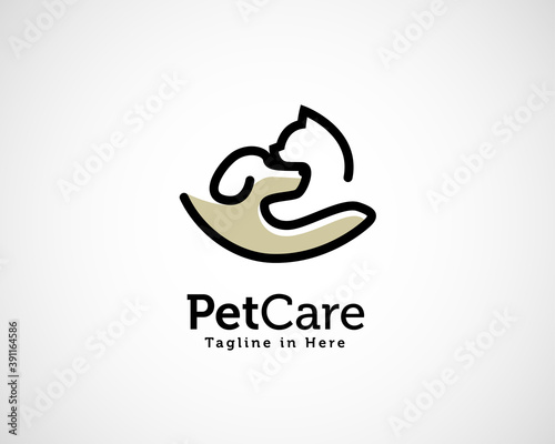 Line art hand pets animal care logo symbol design illustration
