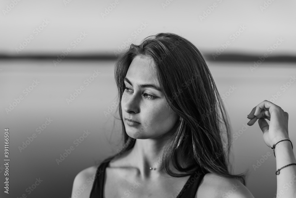 Naklejka premium girl, woman, beautiful, young, beauty, woman, Lady, beautiful, model, hair, Fashion, person, elegant, natural, portrait, attractive, brunette, happy, posing, people, dress, style, copy space, summer, 