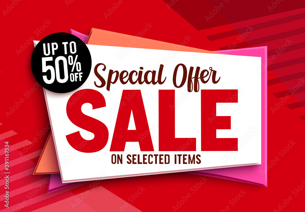 Sale special offer vector banner design. 50% off discount sale text in red  abstract background for limited promo marketing advertisement. Vector  illustration. Stock Vector | Adobe Stock