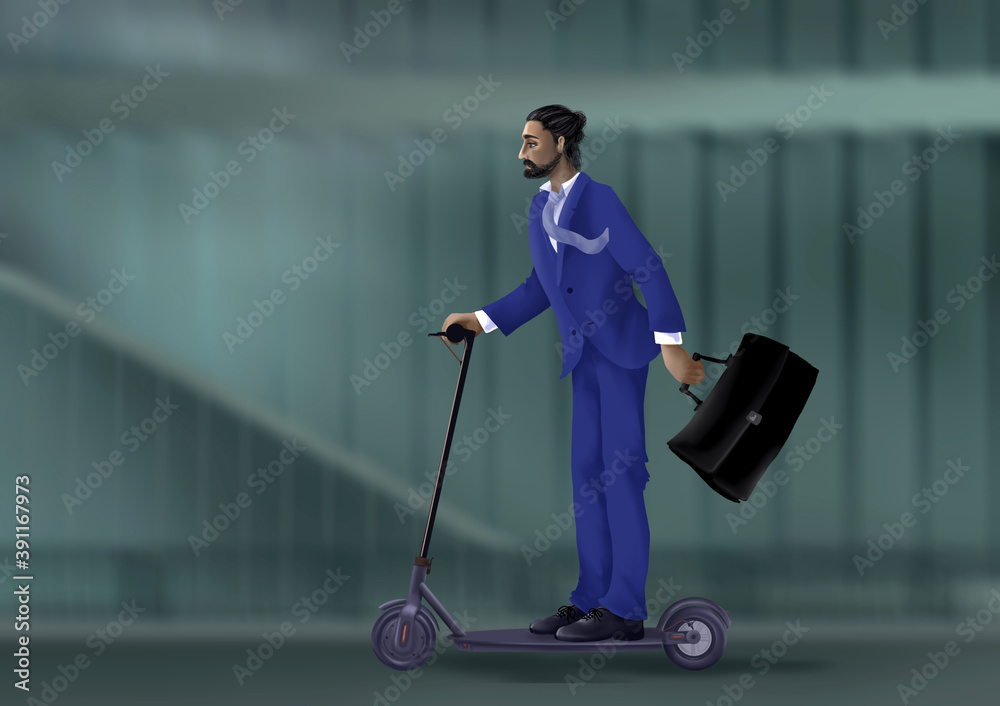 A man in an office suit with a briefcase rides an electric scooter along a city street A man in an office suit with a briefcase rides an electric scooter along a city street