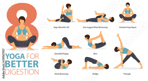 8 Yoga poses or asana posture for workout in Better Digestion concept. Women exercising for body stretching. Fitness infographic. Flat cartoon vector