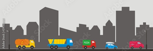 thoroughfare, transport in the city,color automobile, gray silhouette of town, vector icon