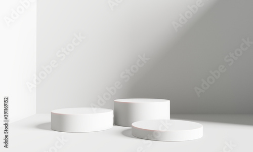 Product display podium in room with light of window background. 3D rendering