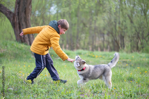 A child in a yellow jacket plays with a husky dog.