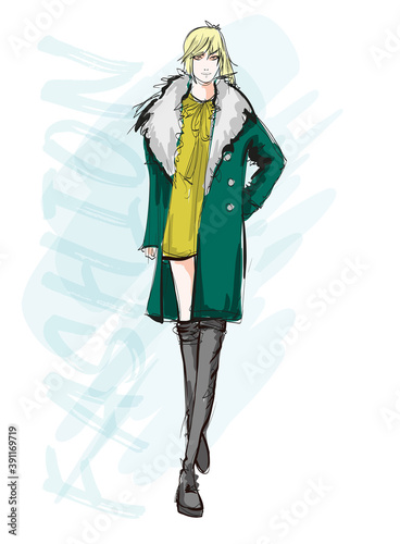 Beautiful young blonde hair woman in autumn coat. Hand drawn fashion girl. Fashion model posing. Sketch. Vector illustration. Fashion woman look. Sketch.