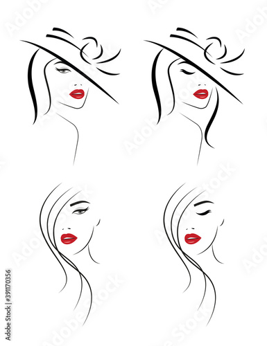 Set of Woman faces logo isolated on white.