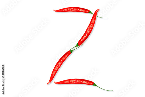 Alphabet letter Z made from red hot chili peppers. Letter isolated on white background.