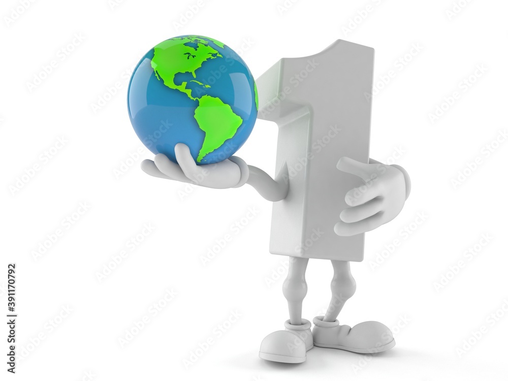 Number one character holding world globe
