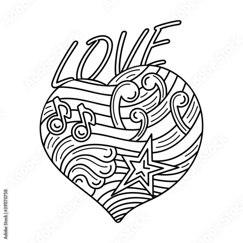 Handdrawn heart outline style for coloring book. Love - lettering. Black and white vector illustration