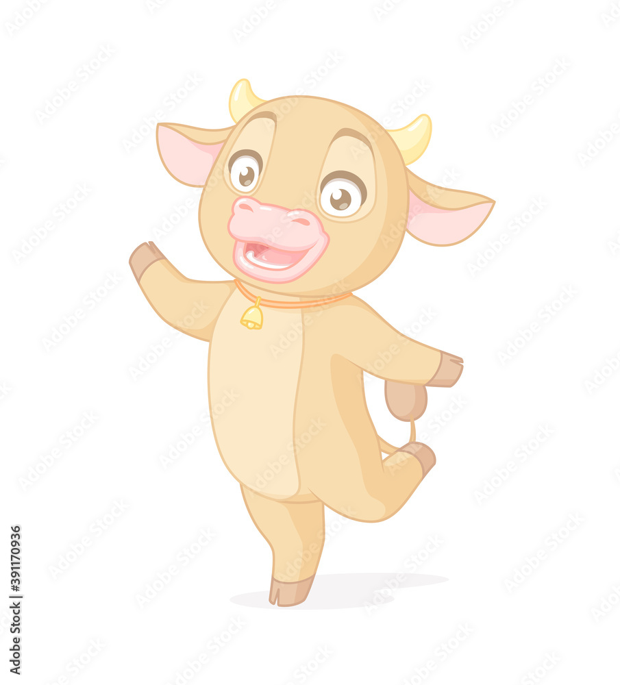 Obraz premium Happy cute cow standing on one leg. Vector cartoon character on white background.