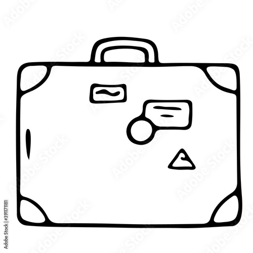 Vintage suitcase with stickers, markings and highlighted corners. Hand drawn outline doodle icon. Travel & Adventure Baggage. Vector sketch isolated on white background. Retro style travel suitcase.