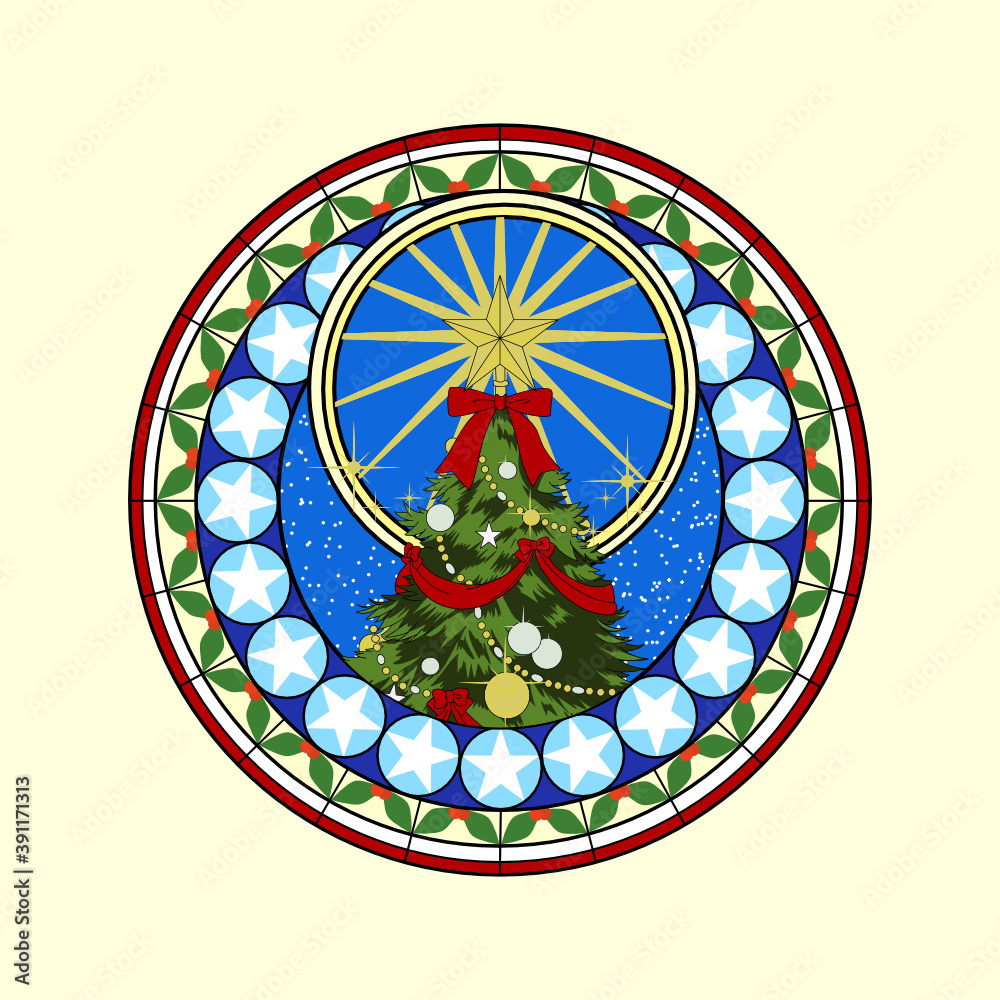 Beautiful Christmas pattern mosaic medallion with decorated pine tree and bright big star on top in vector illustration for xmas celebration