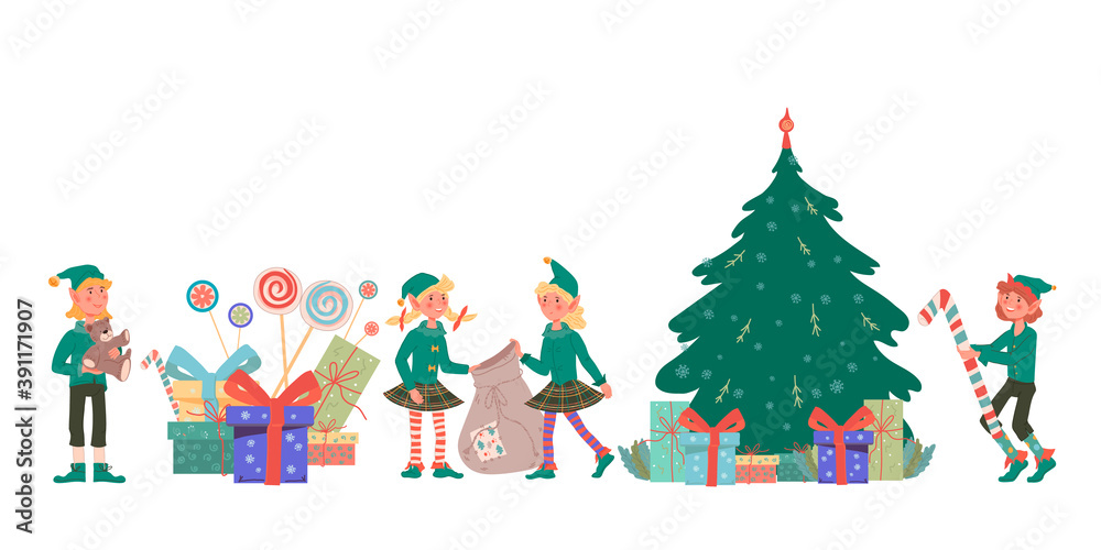 Christmas Santas Elves cute little boys and girls cartoon characters near Xmas fir tree. New Year and Christmas holidays personages of elves flat vector illustration isolated on white background.