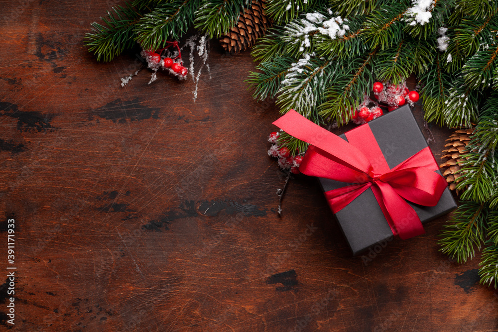 Christmas greeting card with fir tree and gift box Christmas greeting card with fir tree and gift box