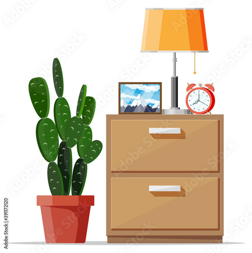Bedroom locker furniture interior isolated. Cabinet with lamp, clock, picture frame and plant. Closed wood box. Wooden stand for storing items. Modern drawer cartoon element. Flat vector illustration