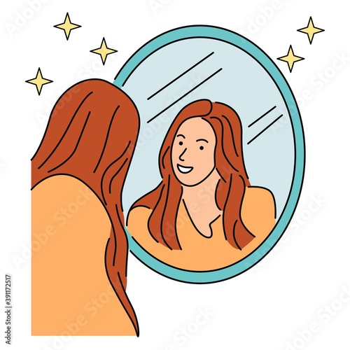 Young long-haired woman standing in front of mirror and looking at reflection. Vector illustration in cartoon style