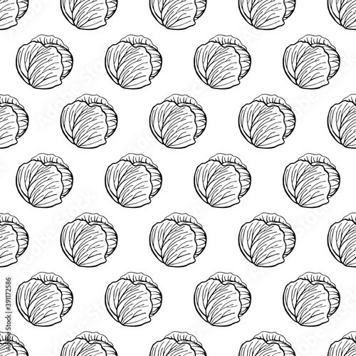Seamless pattern with hand drawn vegetables elements cabbage. Vegetarian wallpaper. For design packaging, textile, background, design postcards and posters