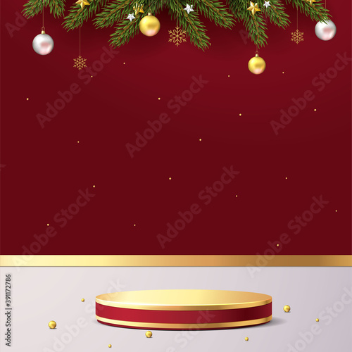 Elegant christmas and happy new year mock up scene. podium shape for show cosmetic product display. stage pedestal or platform. realistic 3d 