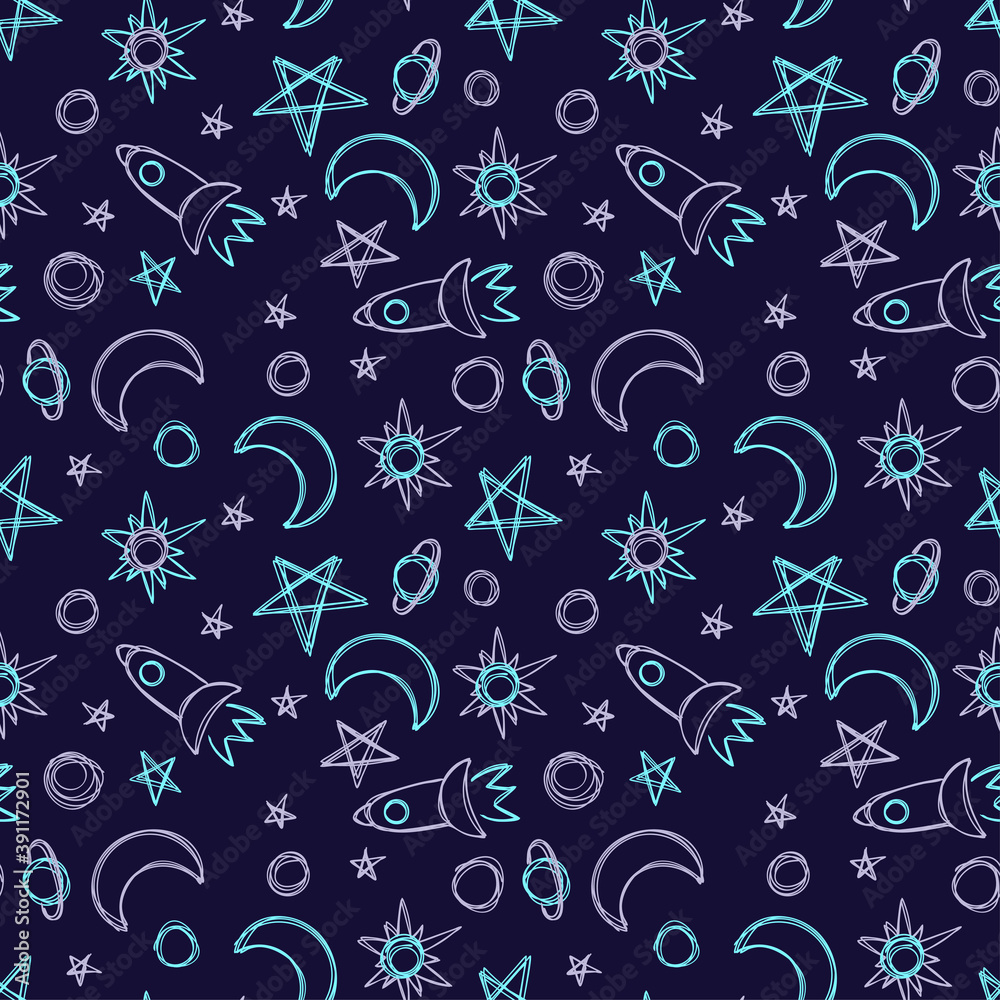 Space star, rocket and planet. Moon sketch. Seamless pattern. Hand drawn vector illustration. Pen or marker doodle. Line art silhouettes. Repeat contour drawing. Space star, rocket and planet. Moon sketch. Seamless pattern. Hand drawn vector illustration. Pen or marker doodle. Line art silhouettes. Repeat contour drawing.