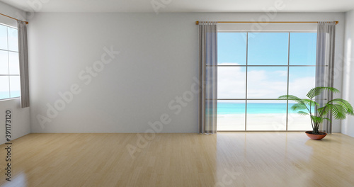 Room interior with plant on the beach outside the window  3d illustration