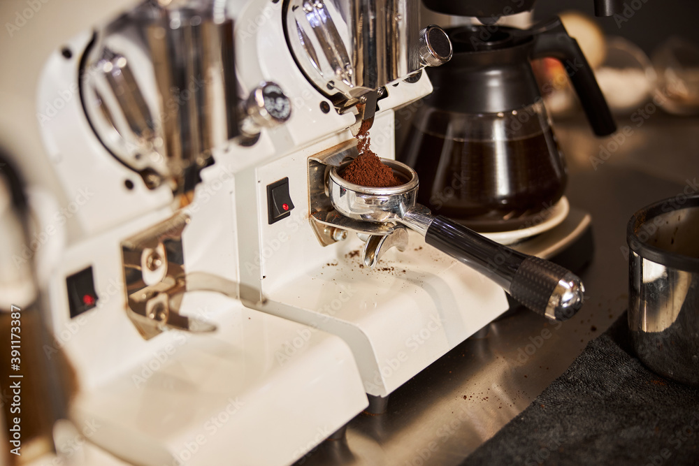 Ground coffee ready to be prepared in espresso machine Ground coffee ready to be prepared in espresso machine