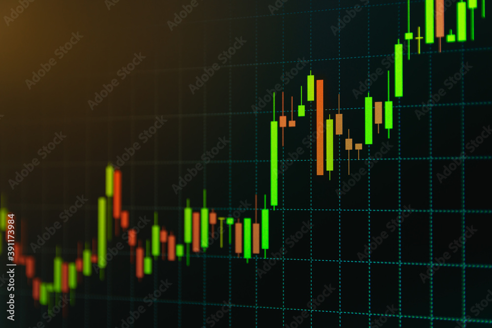 Continuous Bullish Trend Red and Green Stock Chart or Forex Chart and Table Line on Black Background in Orange Tone