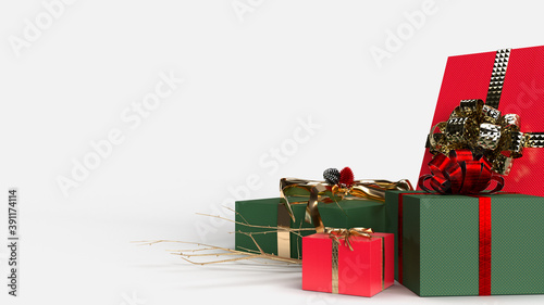 Merry Christmas and New Year with a beautiful gift box, winter season with traditional elements Christmas ornaments ribbon bow on the background. Festive template for social media banner. 3d rendering