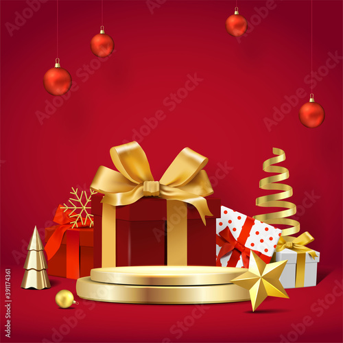 Elegant christmas and happy new year mock up scene. podium shape for show cosmetic product display. stage pedestal or platform. realistic 3d 