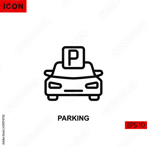 Icon parking with car illustration. Outline, line or linear vector icon symbol sign collection for mobile concept and web apps design.