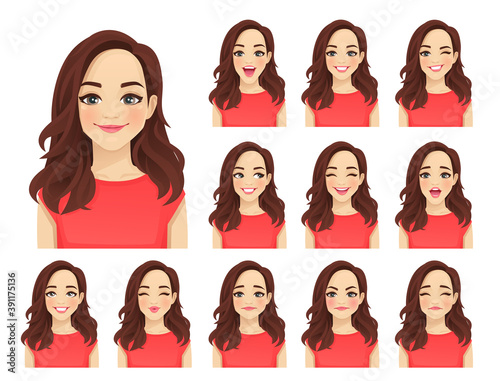 Young beautiful woman with different facial expressions set isolated vector illustration