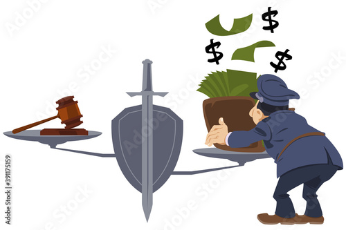 Cop gives money to justice. Violation of law. Corrupted justitia.