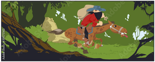 Robber with prey gallops in dense forest. Illustration for internet and mobile website.