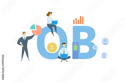 OB, Organizational Behavior. Concept with keyword, people and icons. Flat vector illustration. Isolated on white background.