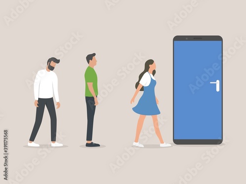queue online, people queue to enter mobile phones. online shop, payment.