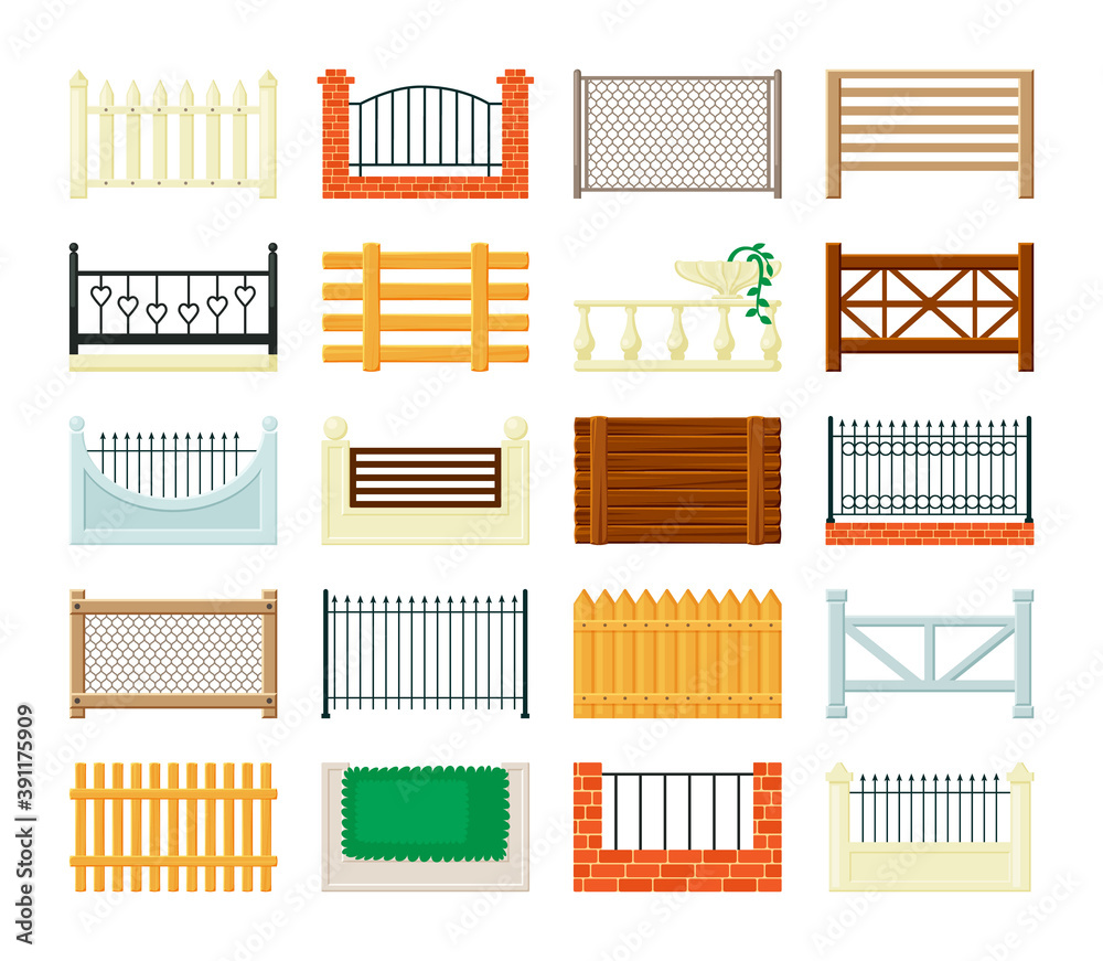 Fence sections set. Openwork casting with hearts simple rustic roughly knitted together from boards wooden farmhouse brick with iron mesh antique carved columns and flowerpot. Vector architecture. Fence sections set. Openwork casting with hearts simple rustic roughly knitted together from boards wooden farmhouse brick with iron mesh antique carved columns and flowerpot. Vector architecture.