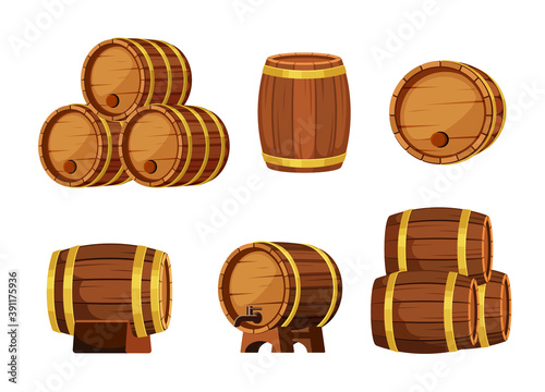 Wooden barrels set. Brown containers for storing liquids convenient storage for wine and cognac in wineries good aging in oak distillery tanks traditional brewing industry. Cartoon vector.