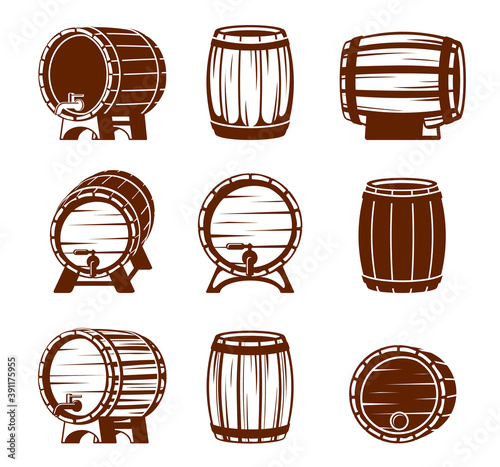 Retro wooden barrels set. Strongly knocked down vaults oak plank containers with taps and plugs brown containers for storing liquids convenient storage for cognac in distillery. Vector drink.