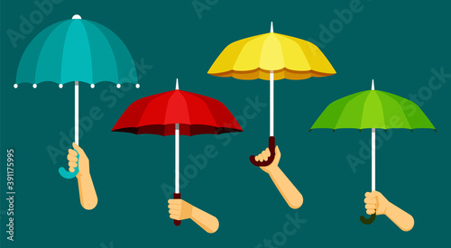 Hands hold umbrellas. Protection from rain and bad red climate rescue from green wet meteorological troubles obligatory blue bank insurance safe coverage expenses. Cartoon climate vector.