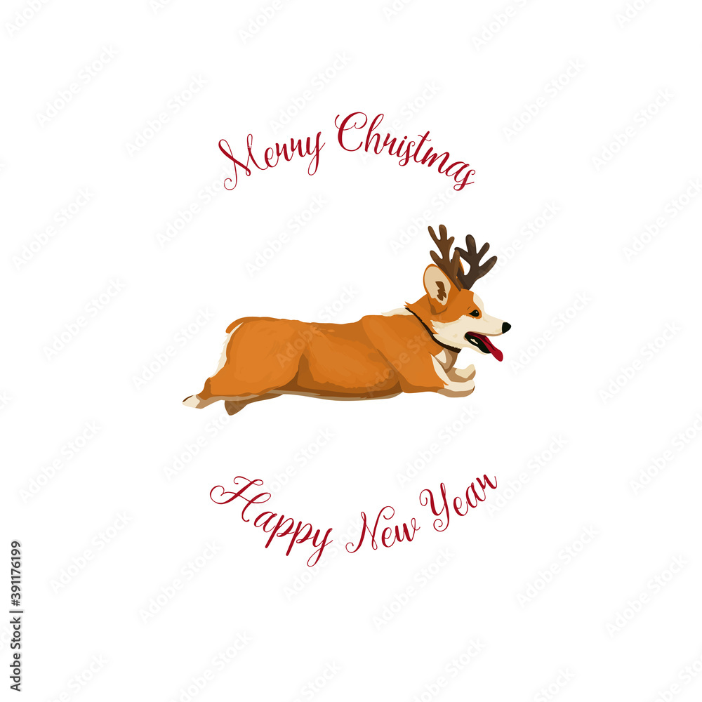 Vector illustration Merry Christmas and Happy new year card with a corgi dog with horns runs fast in cartoon style. Christmas sticker with snow or print on a mug or card with a corgi Vector illustration Merry Christmas and Happy new year card with a corgi dog with horns runs fast in cartoon style. Christmas sticker with snow or print on a mug or card with a corgi