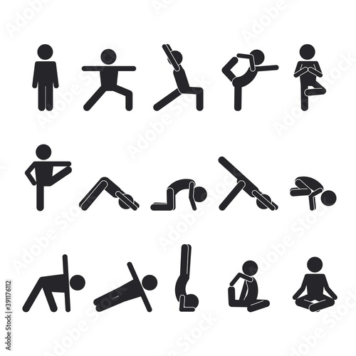 Yoga human stick set. Abstract oriental postures exercises for healthy body development complex muscle stretching and warm up exercises lotus tree position healthy activities well. Flexible vector.