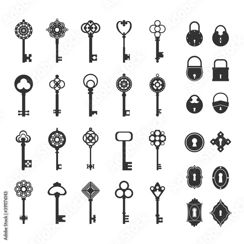 Retro locks and keys set. Vintage silhouettes for safes doors classic medieval style for opening treasure chests ornaments reliable security with hidden secrets and privacy. Protective vector.