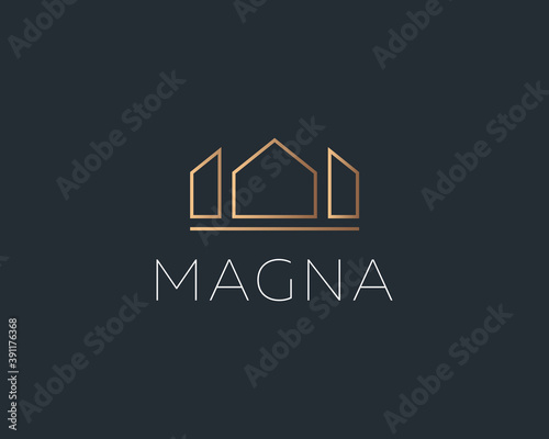 Elegant crown king house premium symbol vector logotype. Luxury geometric city real estate construction vector emblem icon logo sign in minimal style on dark background.