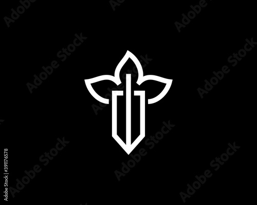 Abstract sword dagger blade knife with a handle made of leaves logo design vector template in linear style. Universal creative knight weapon defense vector icon sign logotype.