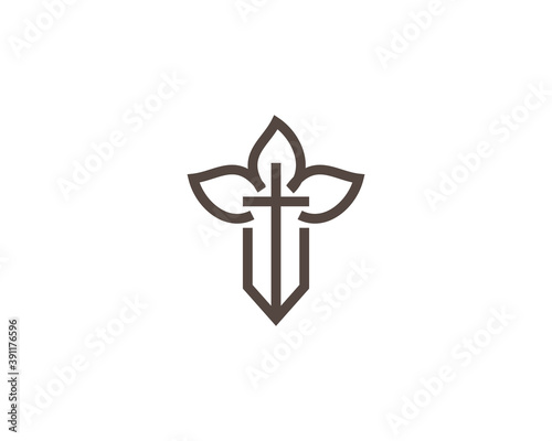 Abstract cross inside sword dagger blade knife with a handle made of leaves logo design. Creative vector knight weapon defense icon sign logotype vector template in minimal style.