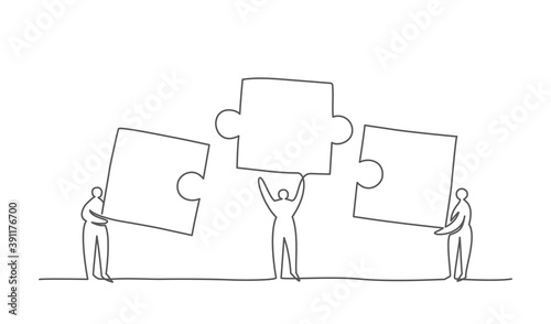 People connecting puzzle elements One line drawing Business, teamwork, partnership, work and team concept